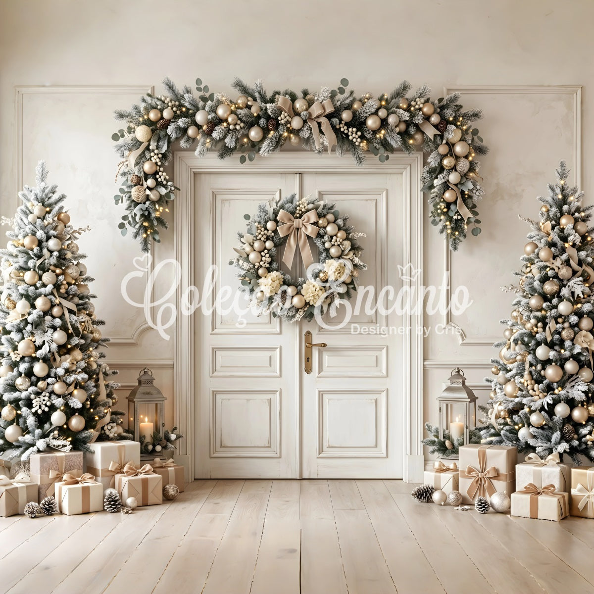 Belle toile de fond de Noël ivoire et or avec porte couronne et sapins CEM65-130