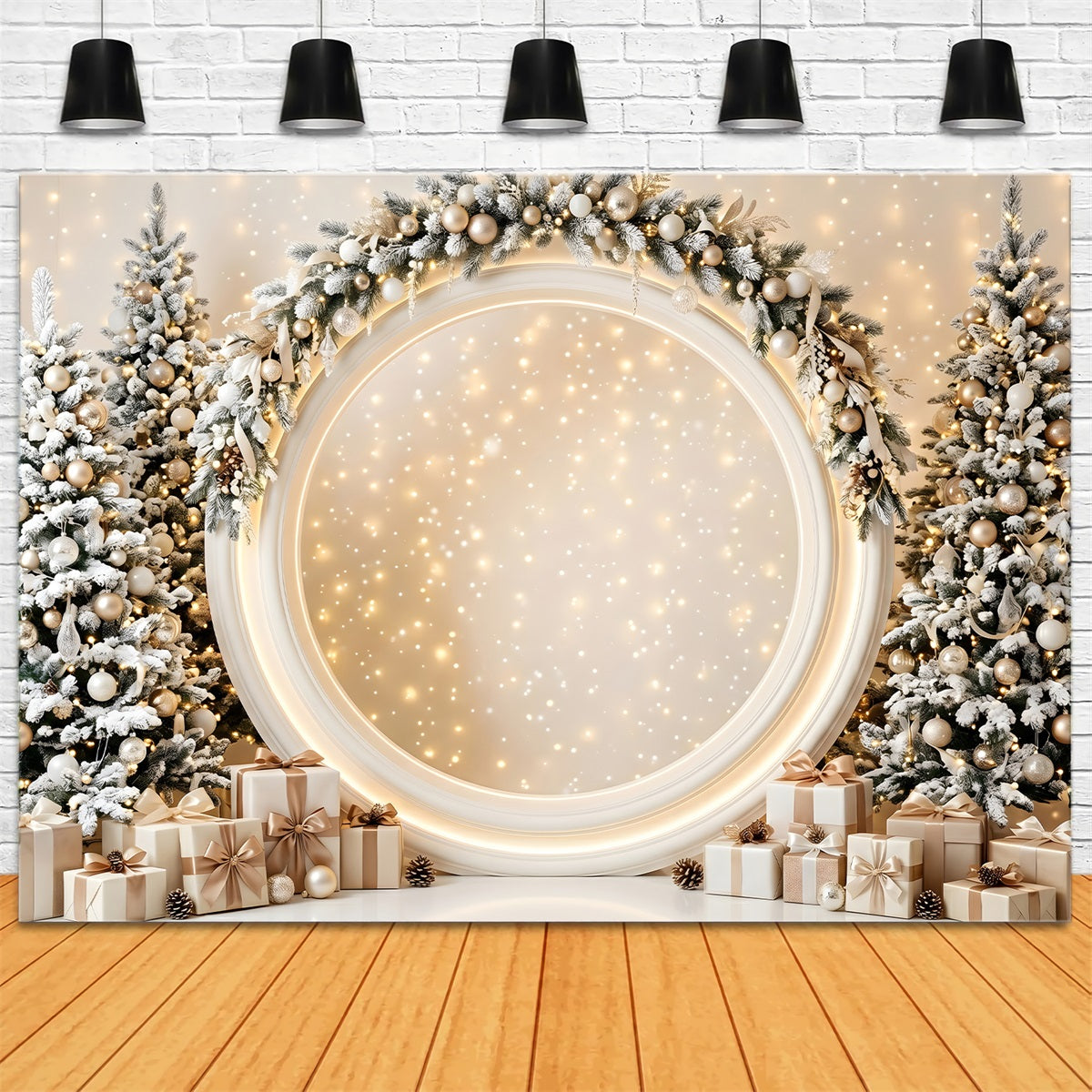 Toile de fond de scène de Noël avec arche ronde ivoire lumineuse et cadeaux CEM65-131