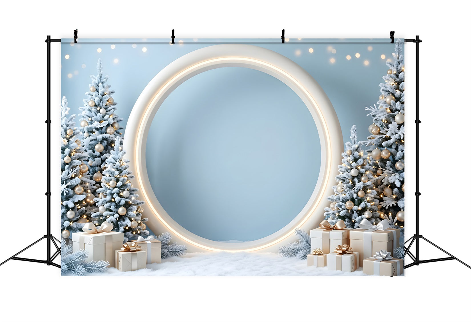 Toile de fond de Noël avec arche ronde bleue givrée et cadeaux CEM65-132