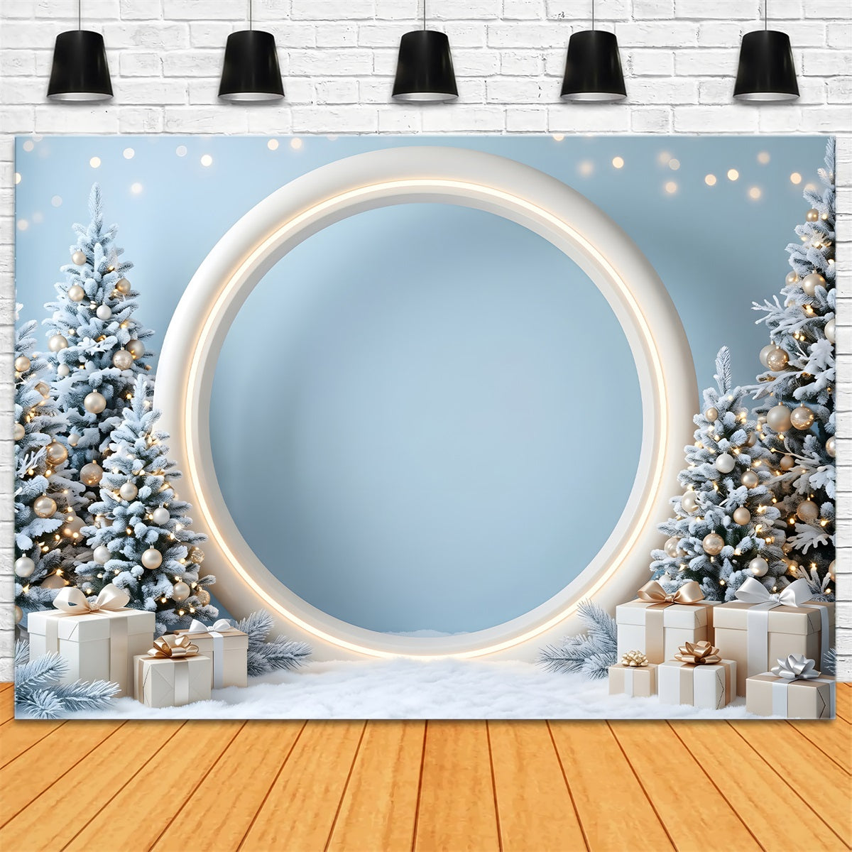 Toile de fond de Noël avec arche ronde bleue givrée et cadeaux CEM65-132