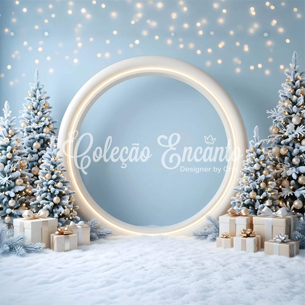 Toile de fond de Noël avec arche ronde bleue givrée et cadeaux CEM65-132