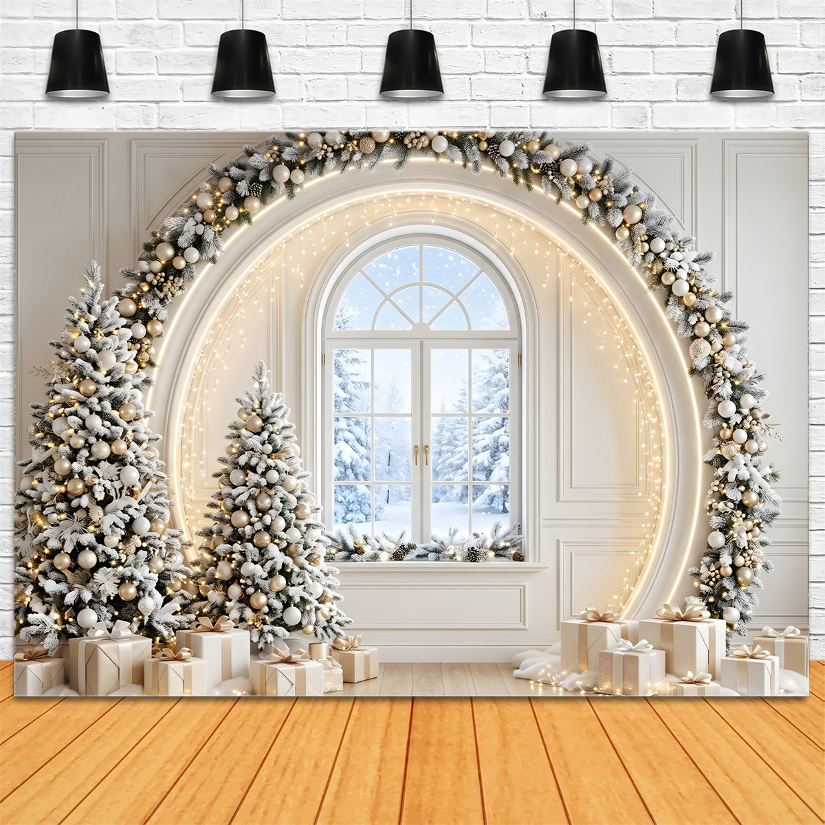 Toile de fond de Noël ivoire et or avec arche de fenêtre et sapins CEM65-133
