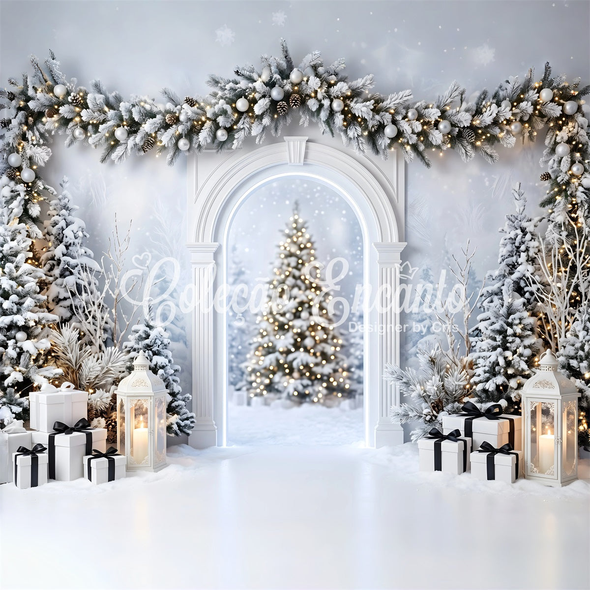 Toile de fond studio de Noël avec arche blanche enneigée lanterne et cadeaux CEM65-135