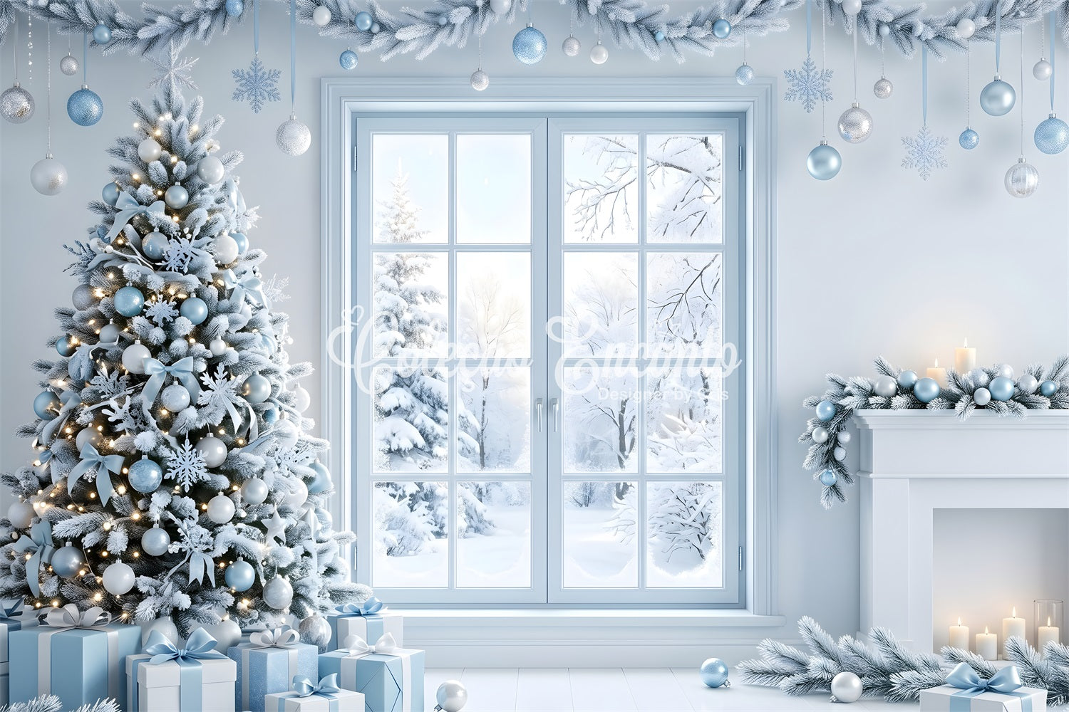 Toile de fond de Noël avec fenêtre bleu glacé sapin et cheminée pour séance photo CEM65-136