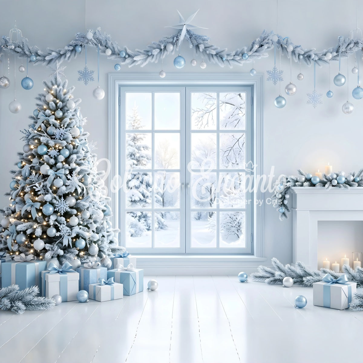 Toile de fond de Noël avec fenêtre bleu glacé sapin et cheminée pour séance photo CEM65-136