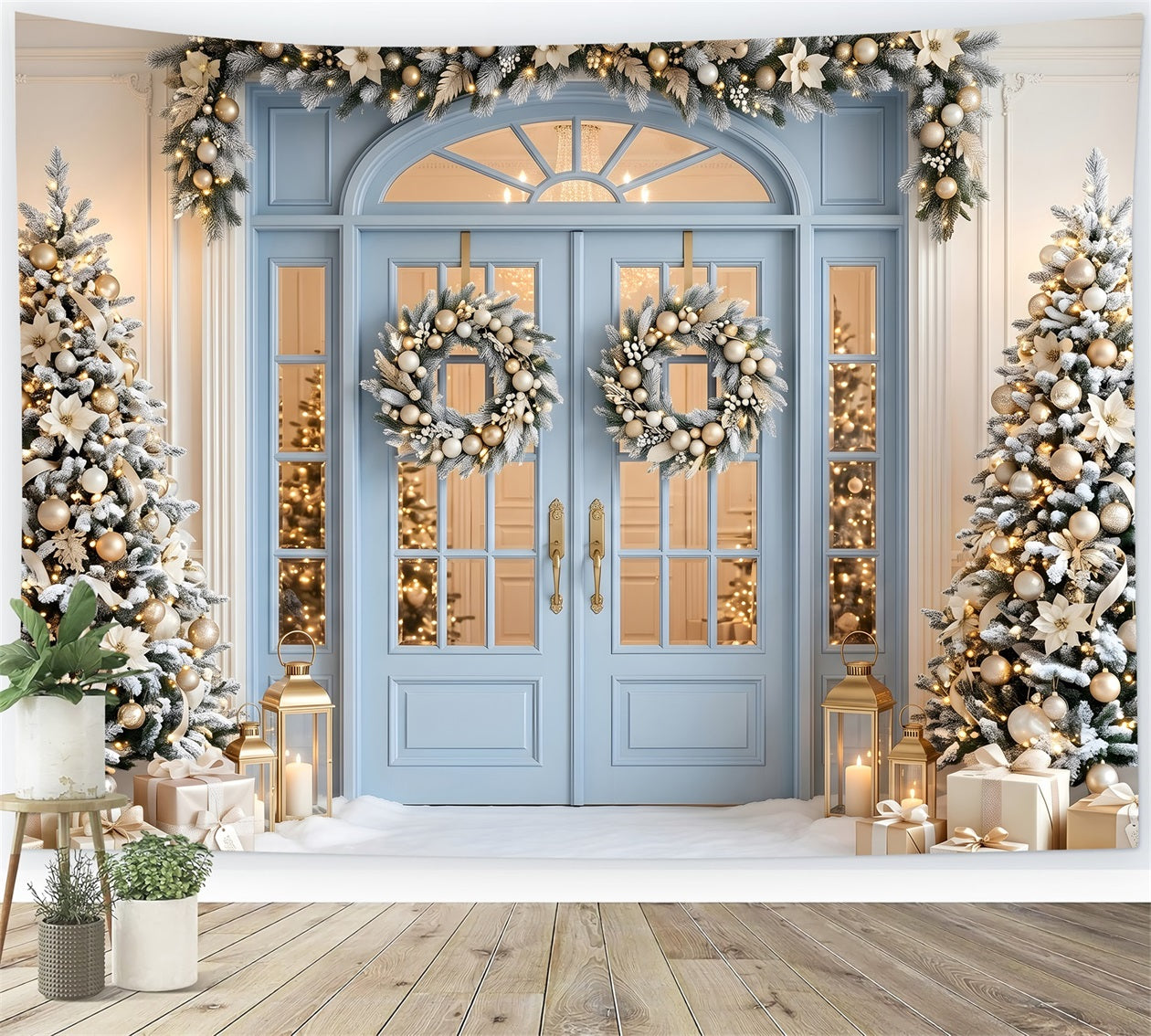 Toile de fond photo de Noël avec porte bleue et sapins dorés givrés CEM65-139