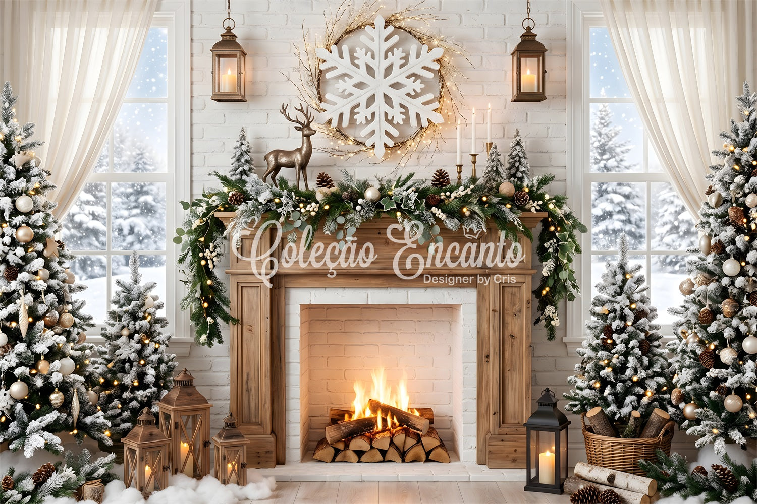 Toile de fond de Noël avec cerf flocons cheminée et pins pour séance photo CEM65-140