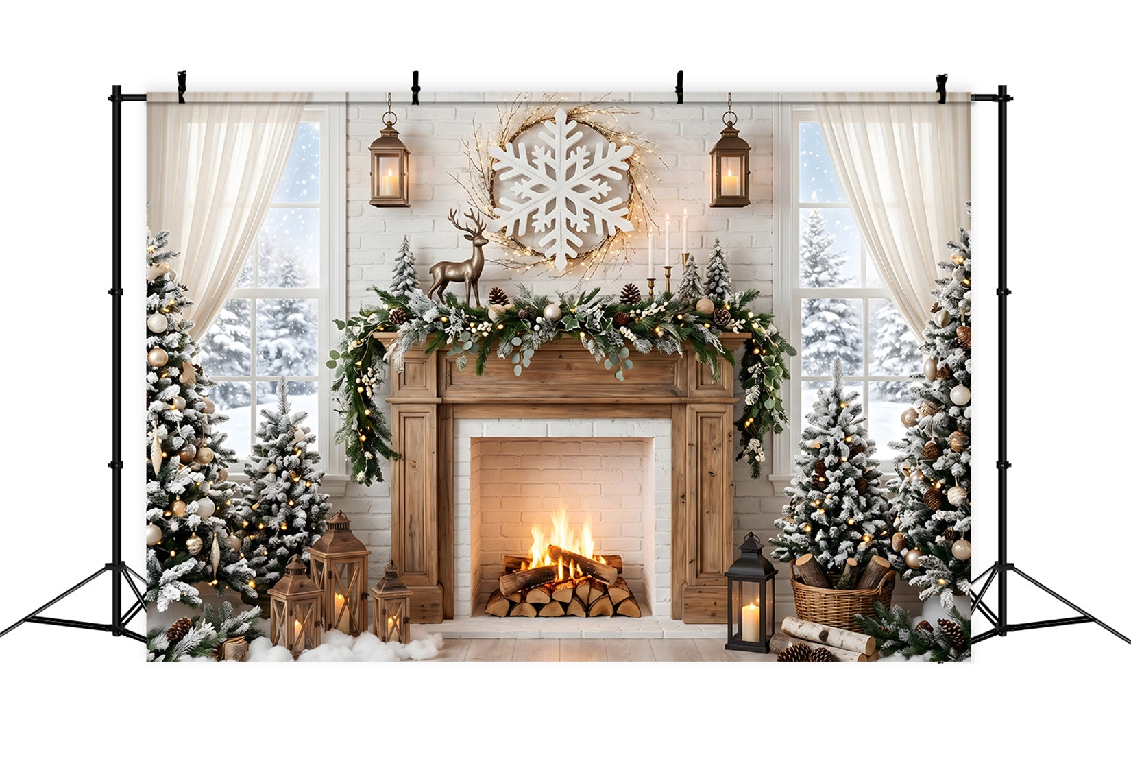 Toile de fond de Noël avec cerf flocons cheminée et pins pour séance photo CEM65-140