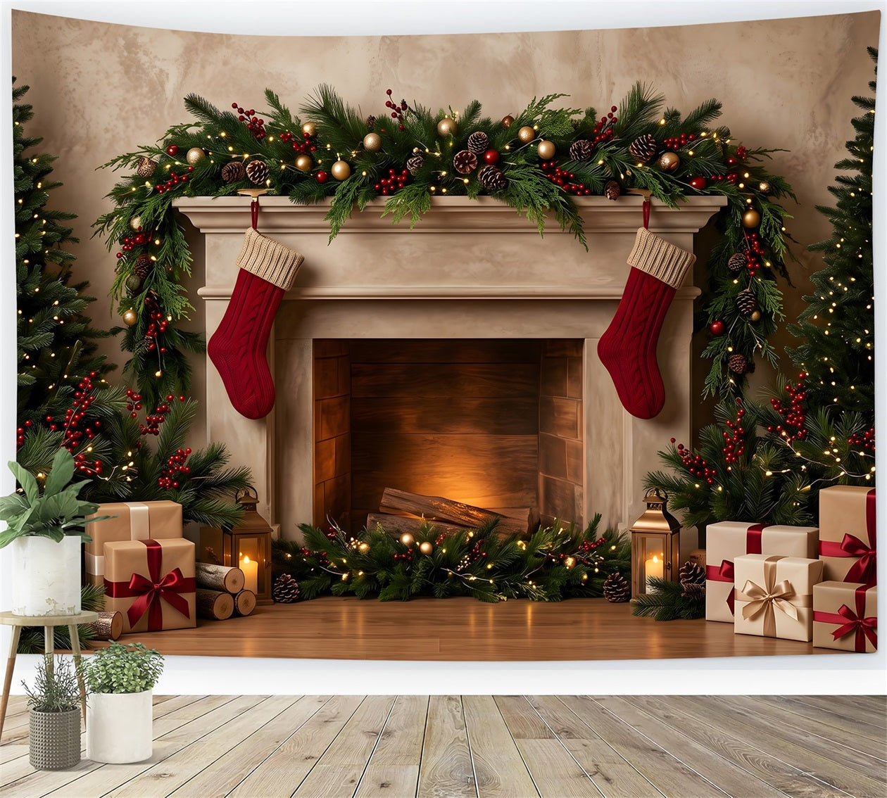 Toile de fond de Noël avec cheminée chaleureuse bas suspendus guirlande et cadeaux CEM65-141