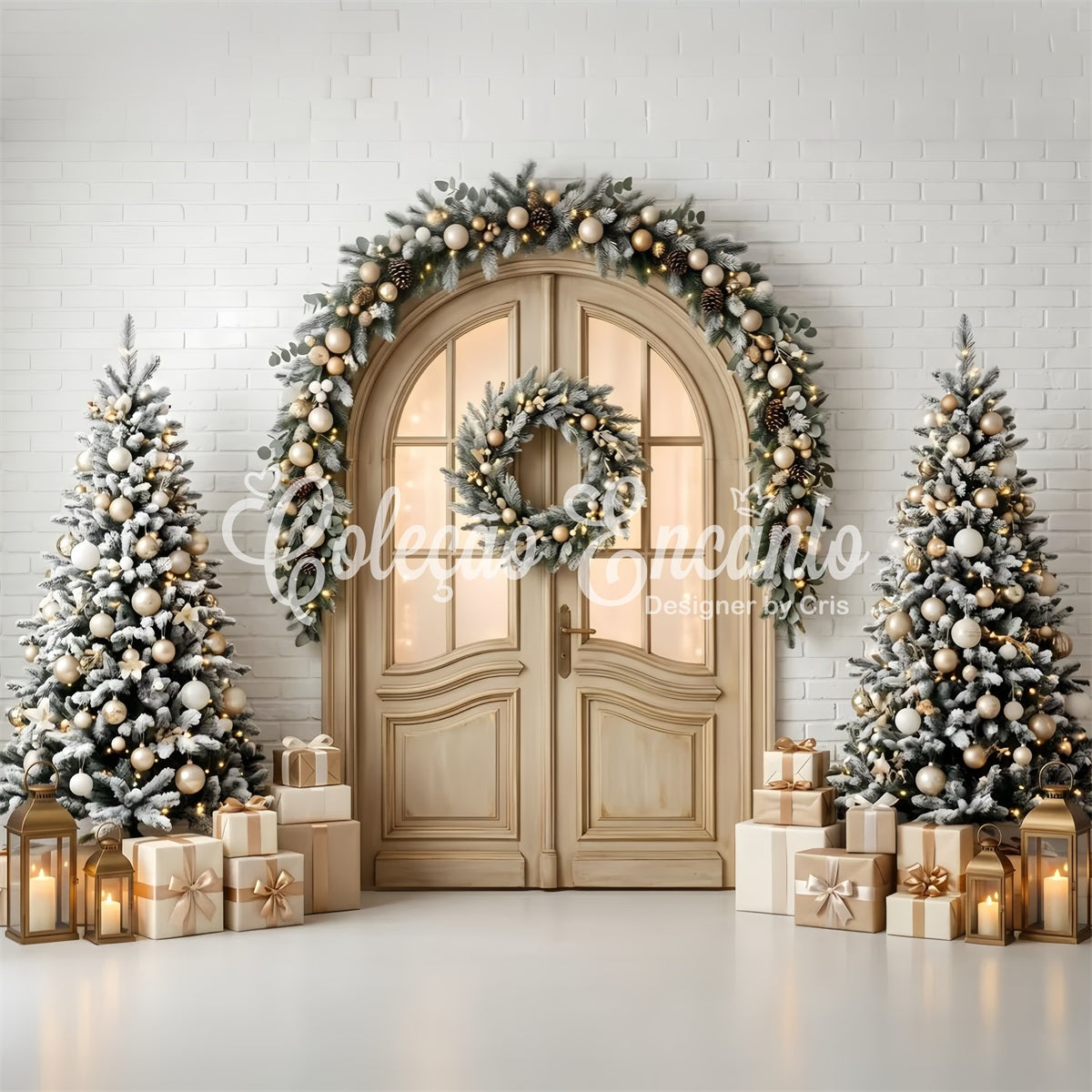 Toile de fond de Noël avec porte cintrée givrée couronne et sapins pour photomaton CEM65-142