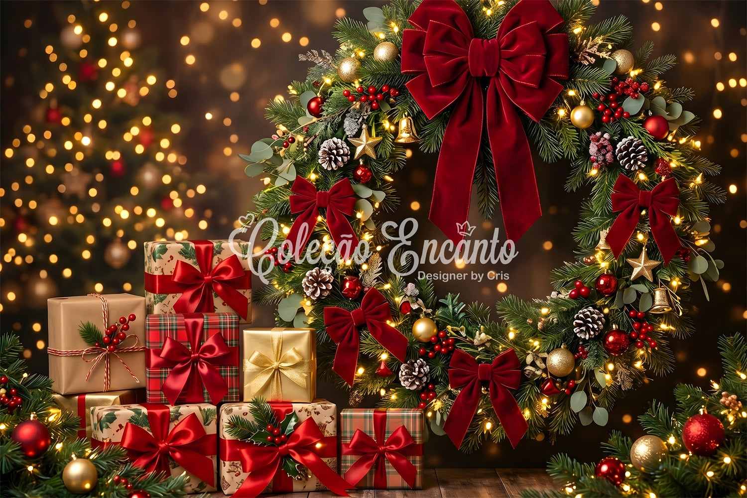 Toile de fond photo de Noël avec couronne à nœud rouge et cadeaux festifs CEM65-143