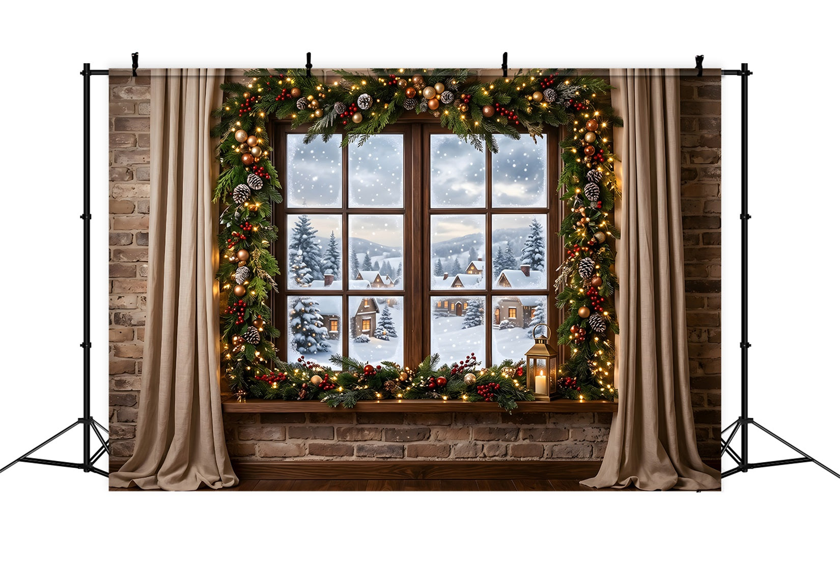 Toile de fond de Noël enneigée avec fenêtre sur village guirlande et lanterne pour studio CEM65-144
