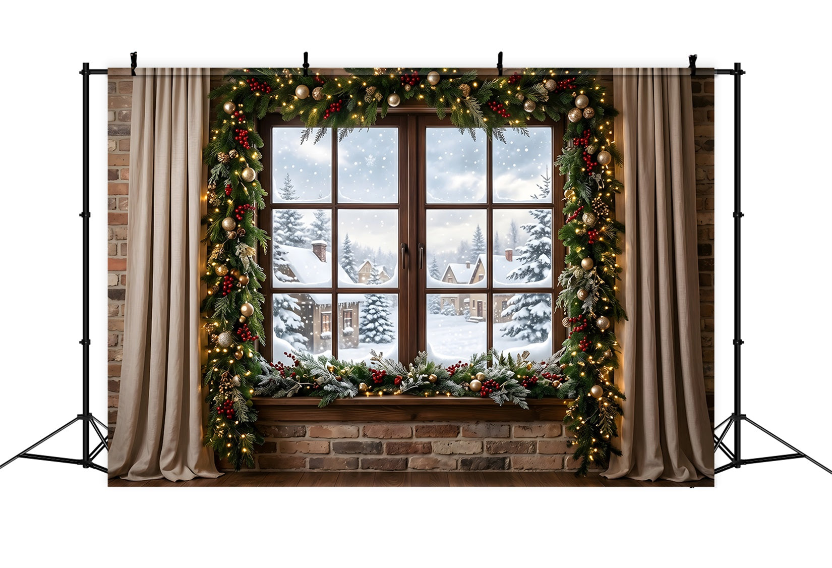 Toile de fond de Noël avec fenêtre sur village enneigé guirlande et rideaux CEM65-146