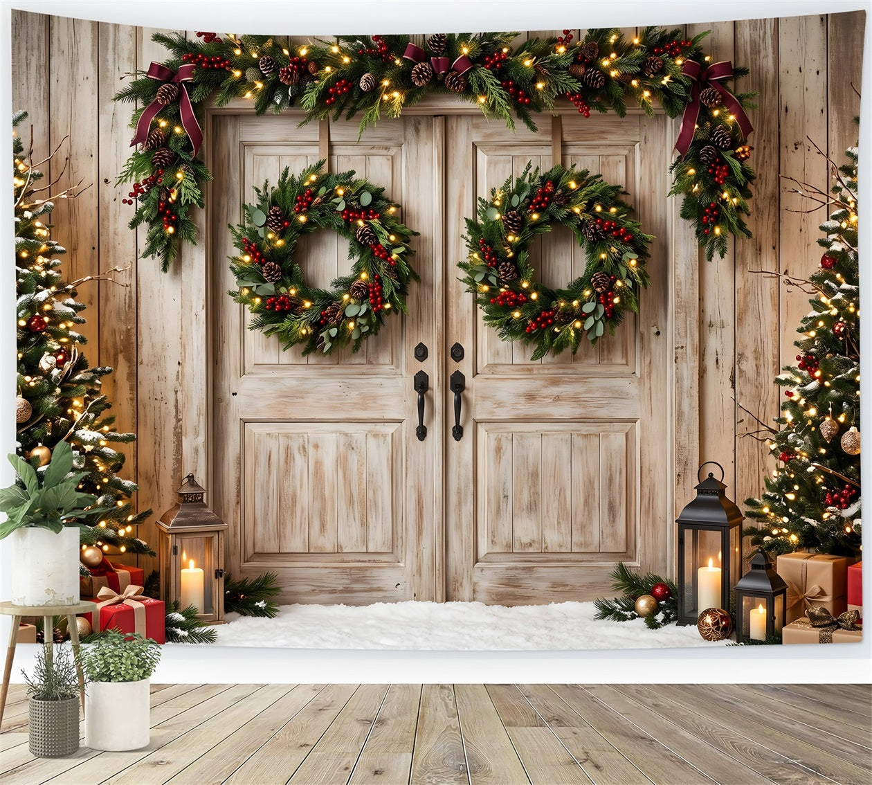 Toile de fond rustique de Noël avec doubles portes couronne et sapins pour séance photo CEM65-147