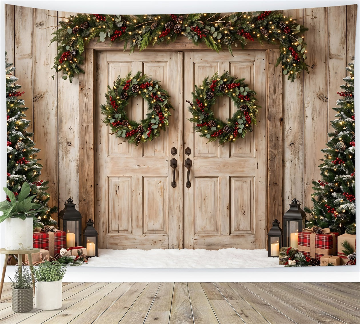 Toile de fond de Noël avec portes de grange patinées cadeaux à carreaux et décor de photomaton CEM65-148