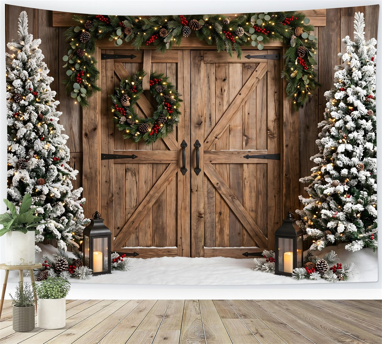 Toile de fond rustique de Noël avec portes de grange enneigées couronne et sapins CEM65-149
