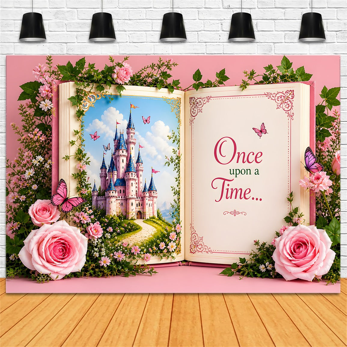 Toile de fond photo pour nouveau-né et enfant avec château féerique livre de contes et roses CEM65-15