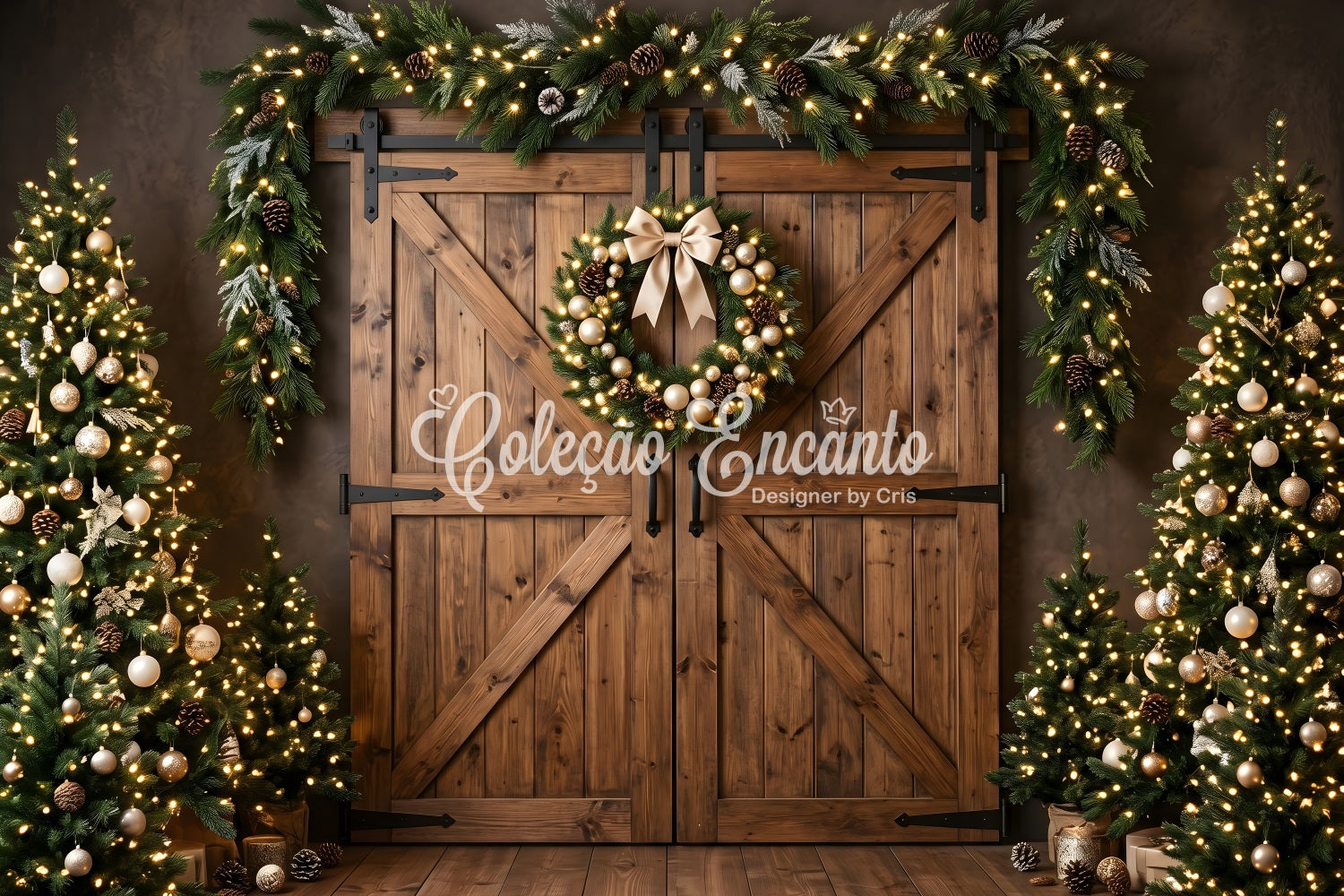 Toile de fond de Noël avec portes de grange couronne dorée et sapins CEM65-152