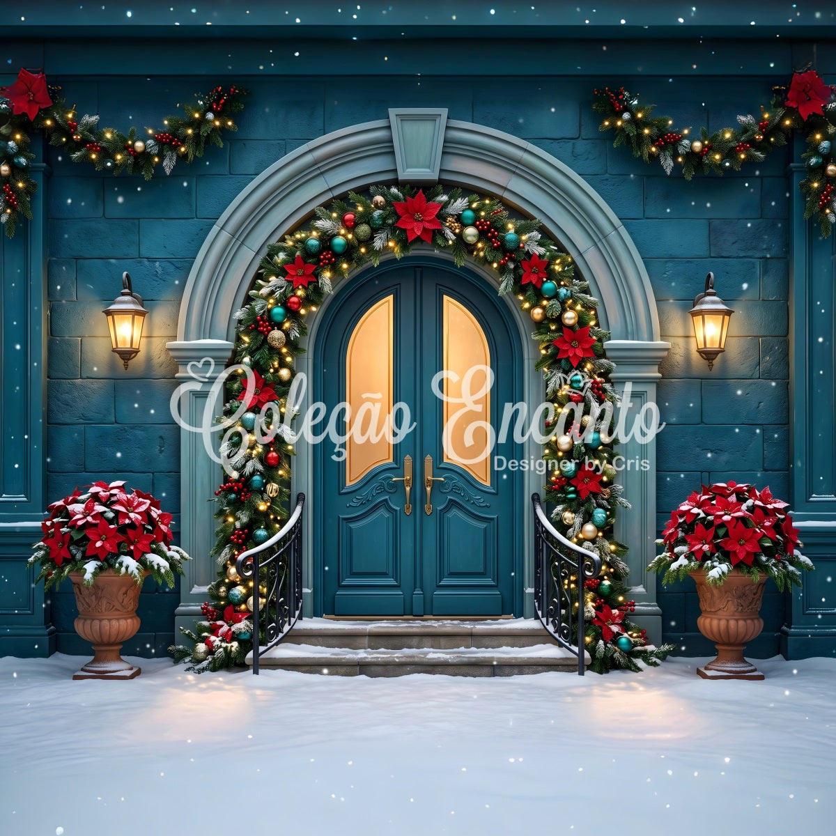 Toile de fond de Noël avec porte cintrée bleu sarcelle poinsettias et guirlande CEM65-153