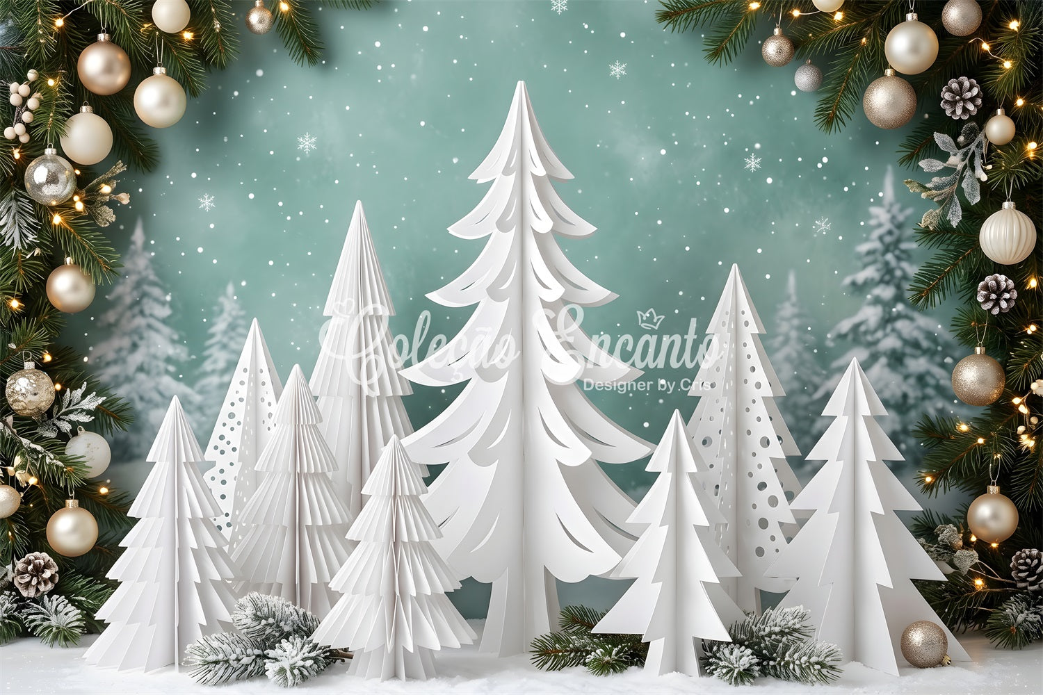 Toile de fond photo de Noël avec forêt de pins en papier blanc et ornements CEM65-154