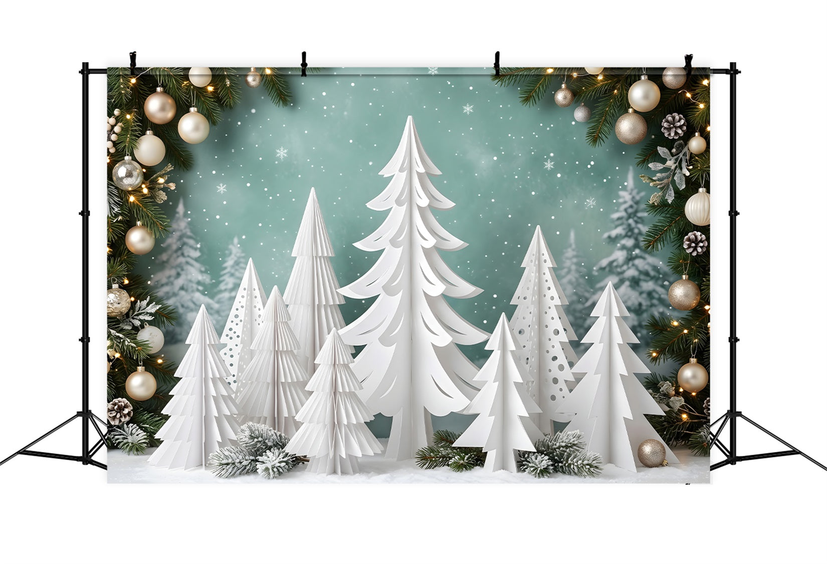 Toile de fond photo de Noël avec forêt de pins en papier blanc et ornements CEM65-154