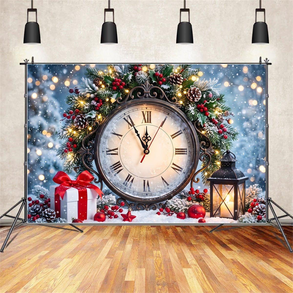 Toile de fond de Noël rétro pour photomaton avec horloge romaine houx et lanterne CEM65-159