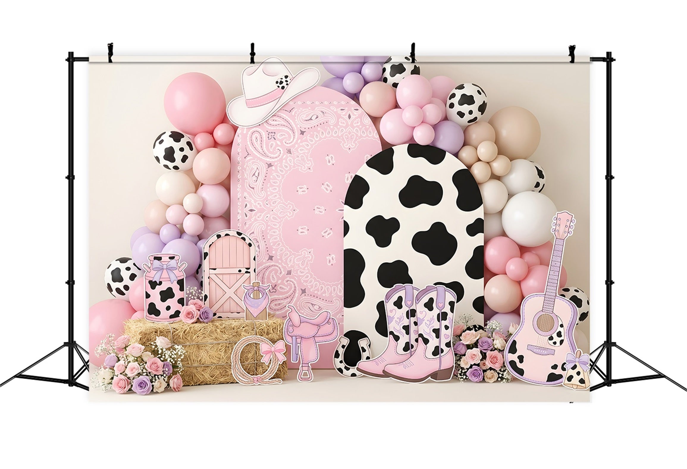 Toile de fond en tissu pour nouveau-né avec ballons roses motif vache et décor de l’Ouest américain CEM65-16
