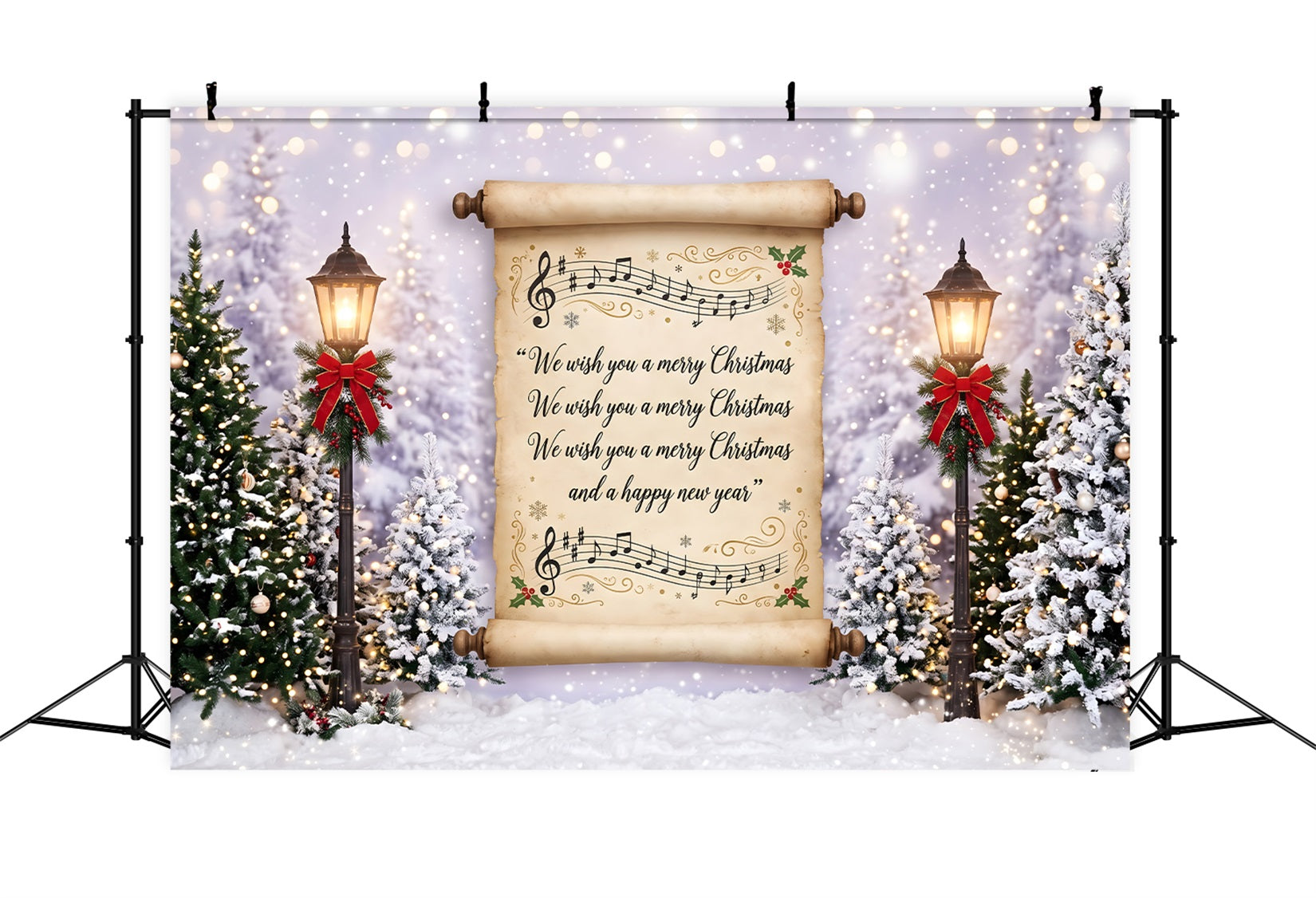 Toile de fond Joyeux Noël avec ancien chant sur parchemin et lanternes enneigées CEM65-160