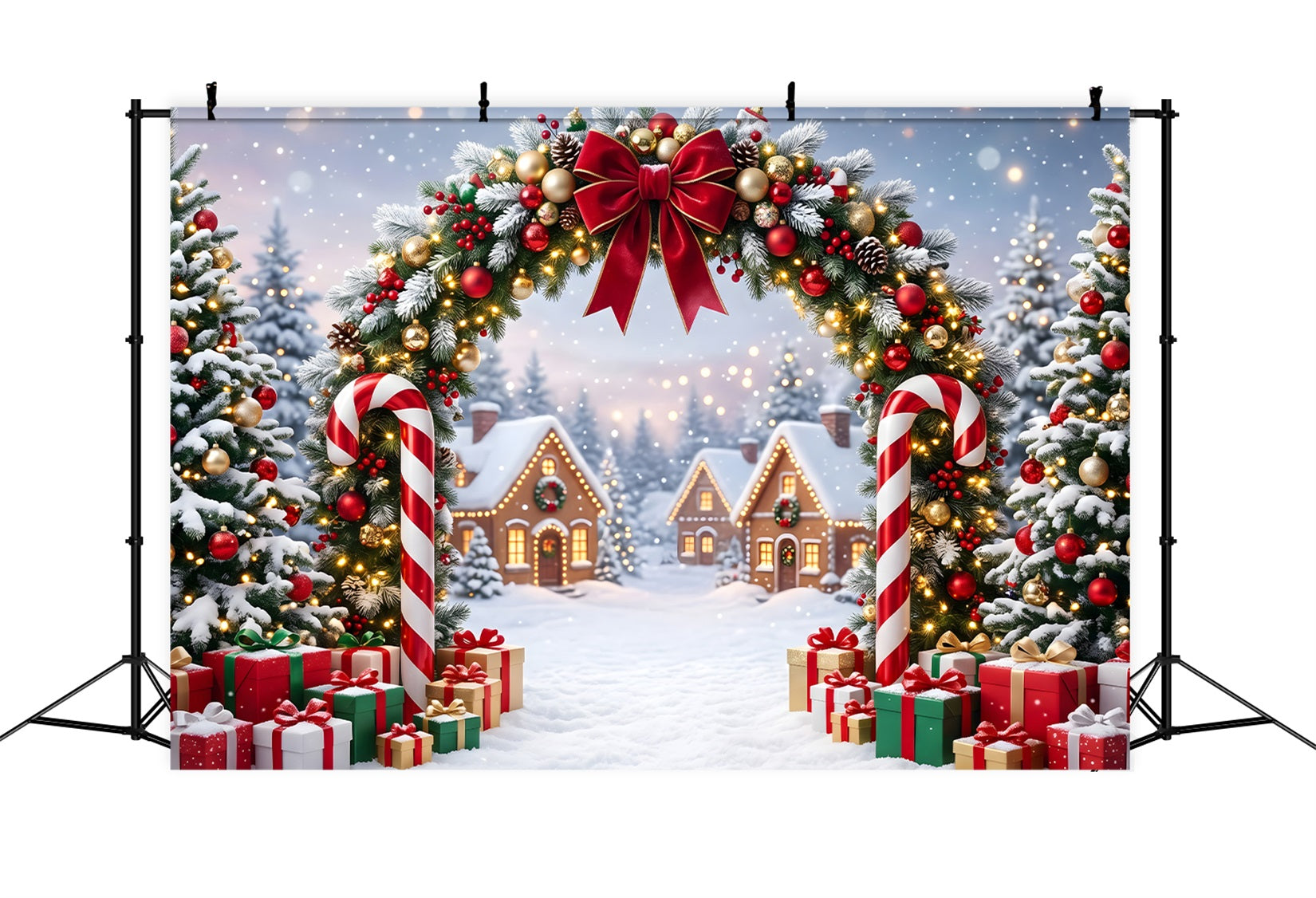 Toile de fond de Noël avec sucres d’orge guirlande et village enneigé CEM65-161