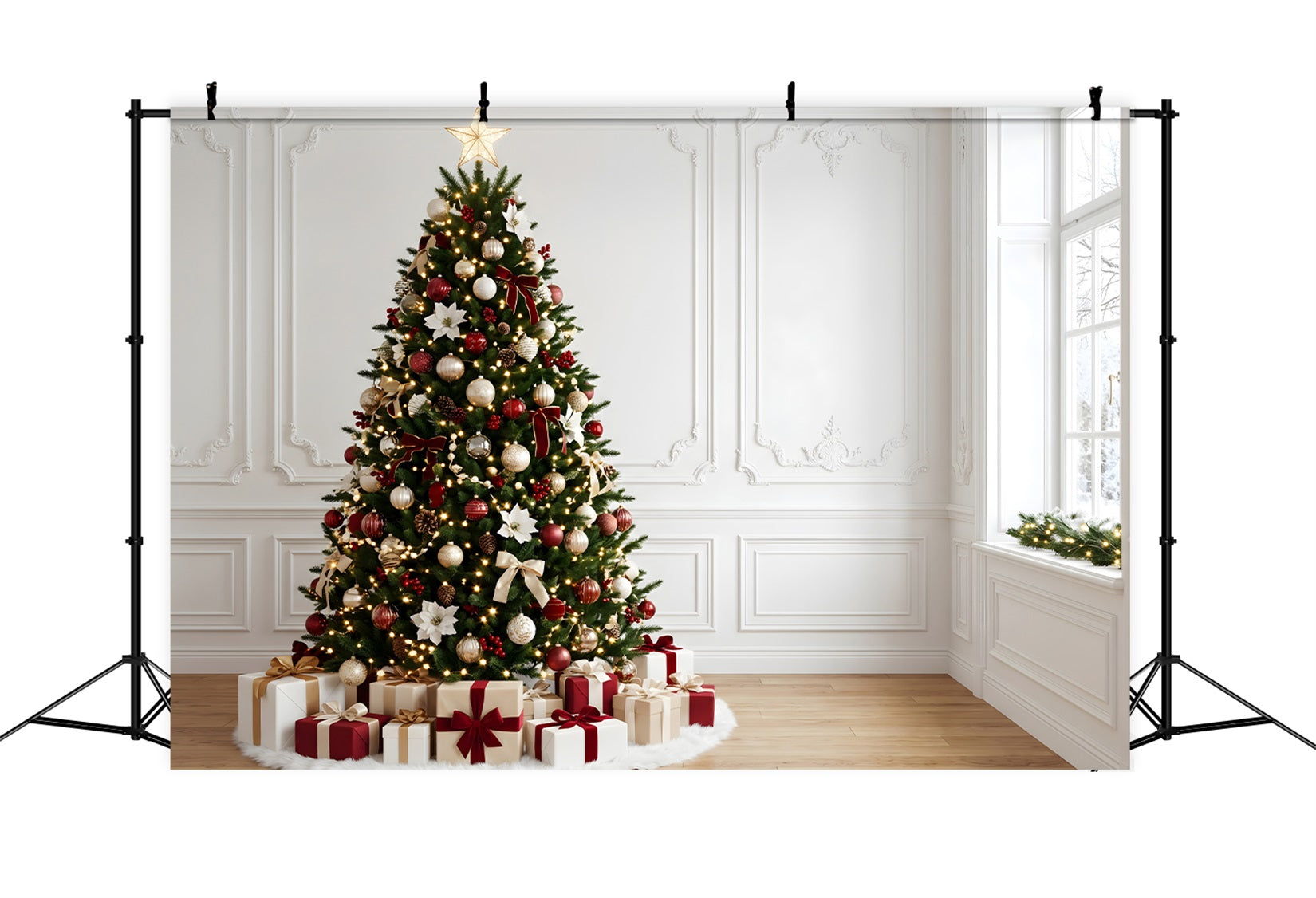 Toile de fond intérieure de Noël avec poinsettias élégants sapin et cadeaux CEM65-163