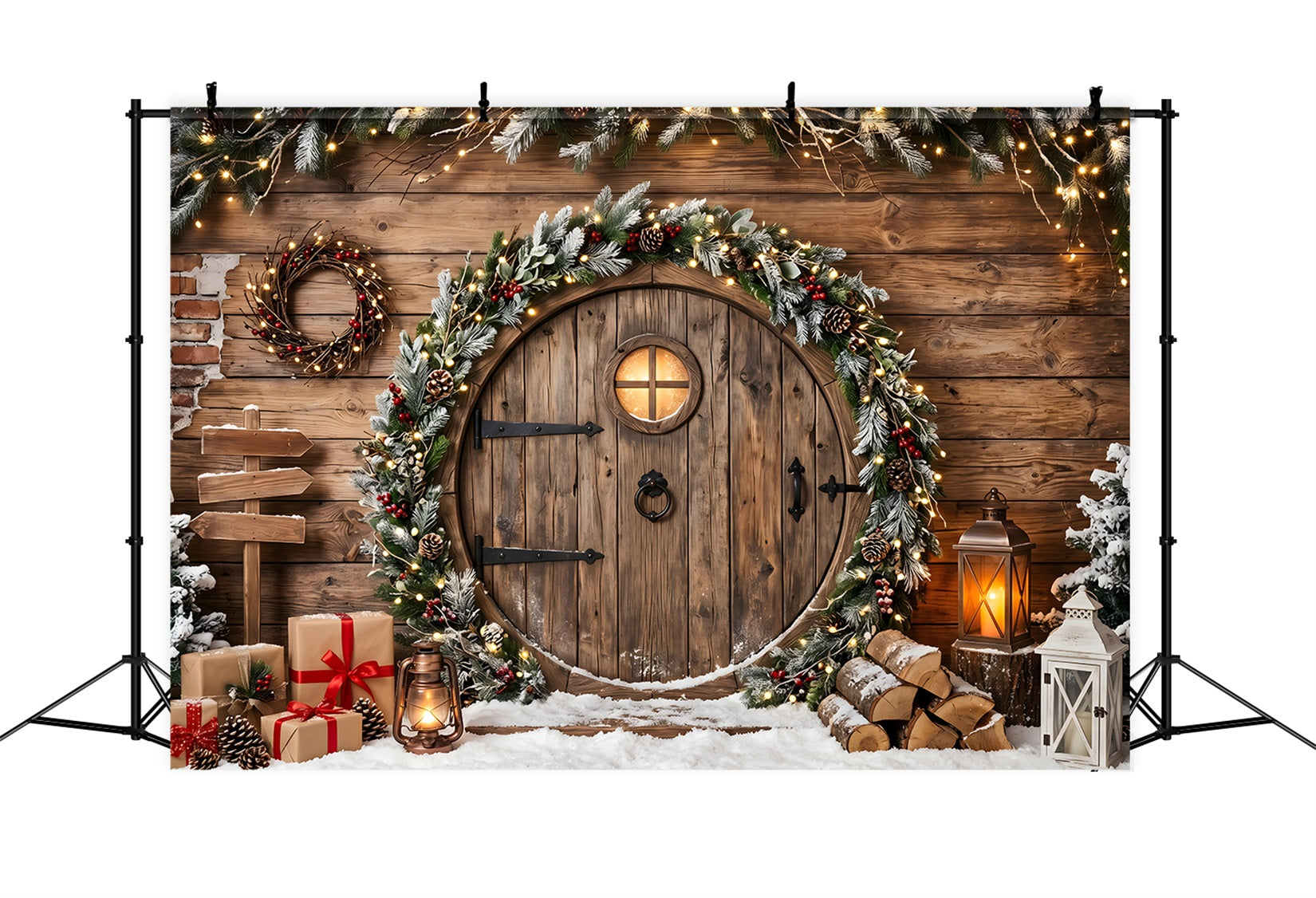 Toile de fond de Noël enneigée avec porte ronde rustique guirlande et lanternes CEM65-164