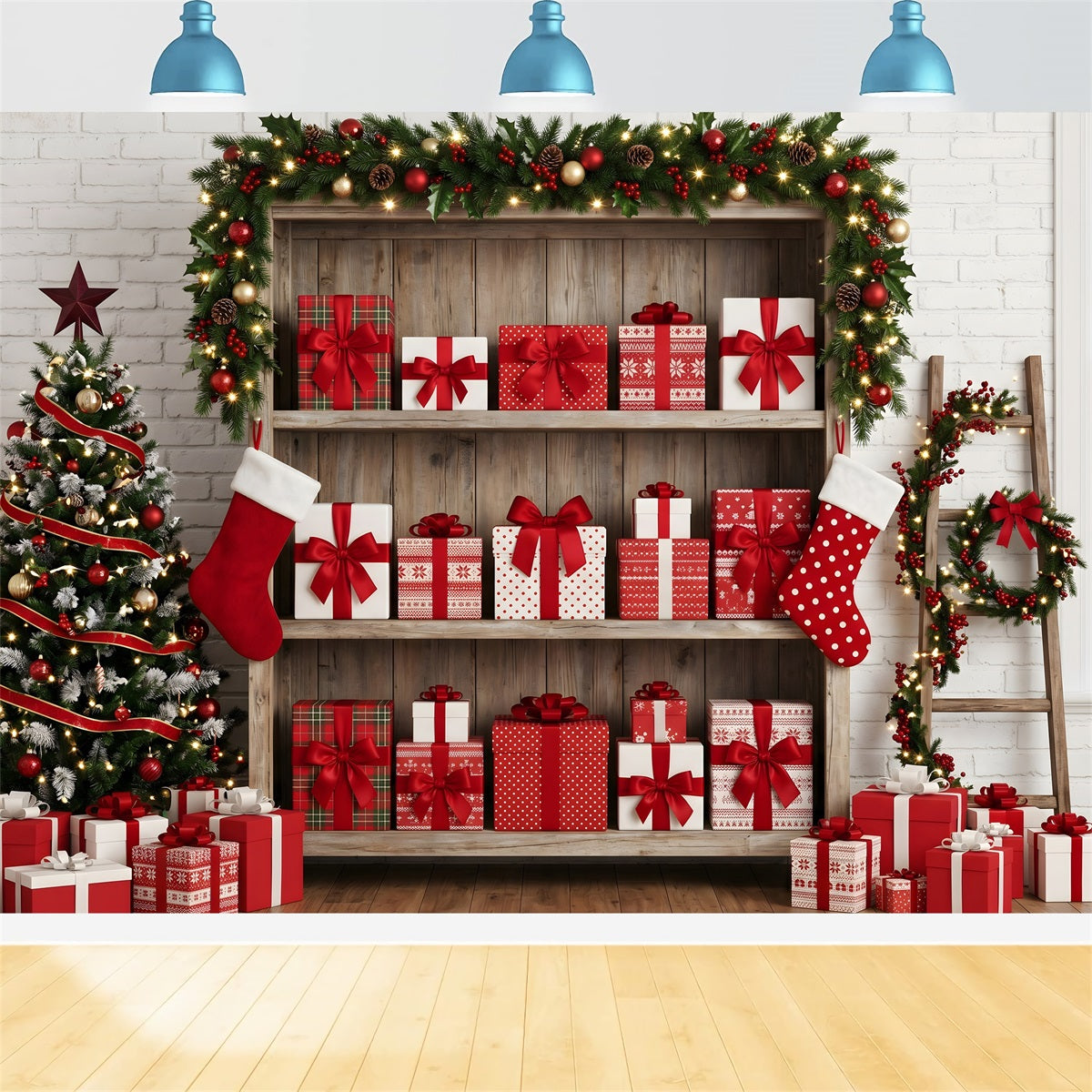 Toile de fond sur le thème de Noël avec étagère de cadeaux et bas festifs CEM65-165