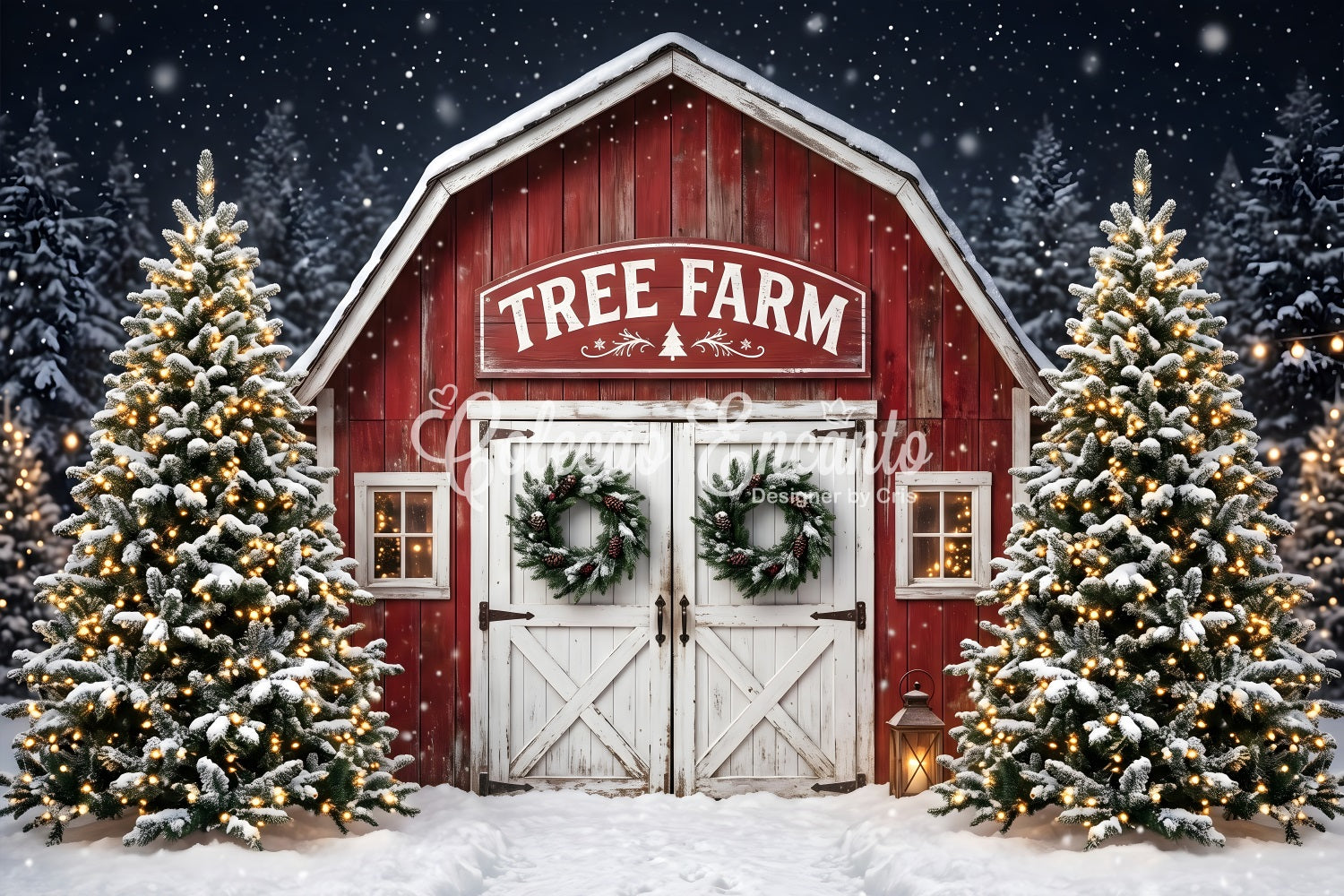 Toile de fond de ferme de sapins de Noël avec grange et entrée enneigée CEM65-166