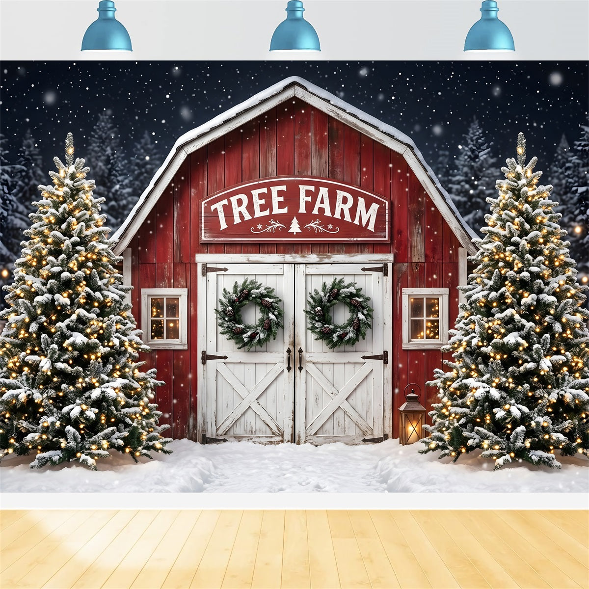 Toile de fond de ferme de sapins de Noël avec grange et entrée enneigée CEM65-166