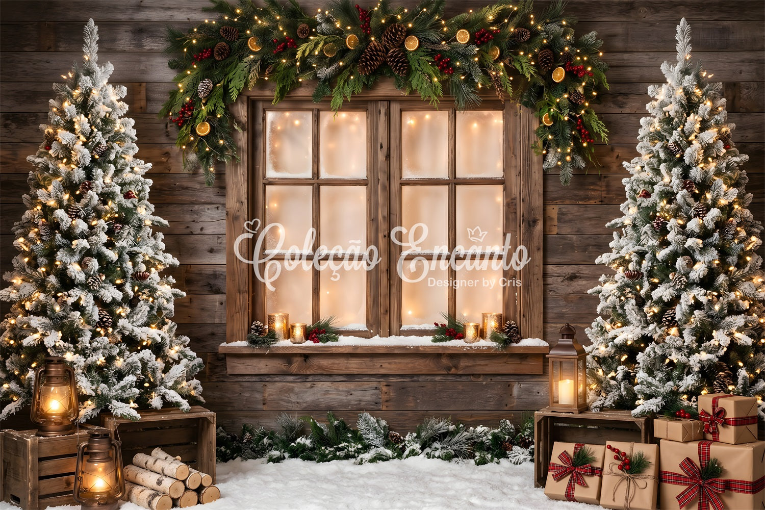 Toile de fond de Noël avec fenêtre rustique guirlande lanterne et cadeaux pour photomaton CEM65-168