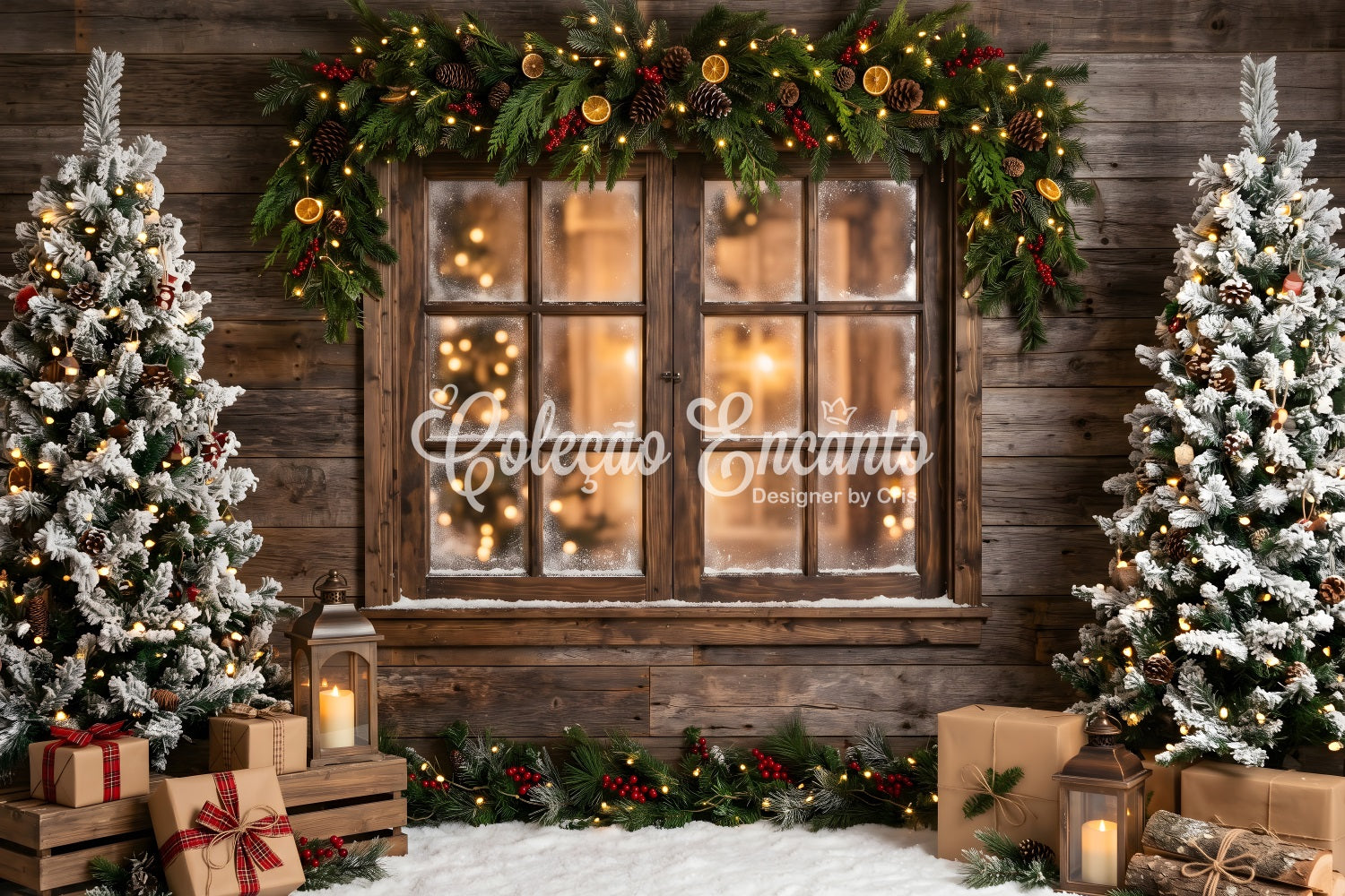 Toile de fond hivernale de Noël avec village fenêtre rustique givrée guirlande et sapins CEM65-169