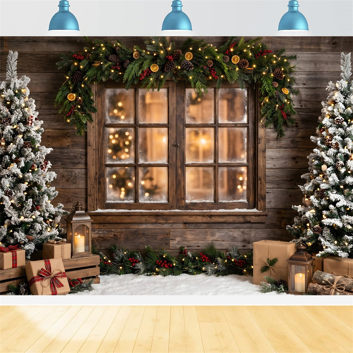 Toile de fond hivernale de Noël avec village fenêtre rustique givrée guirlande et sapins CEM65-169