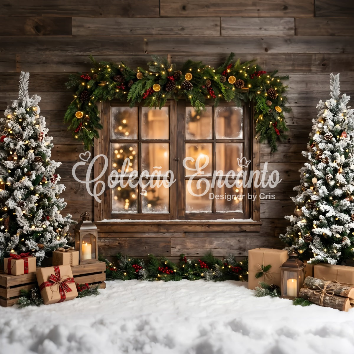 Toile de fond hivernale de Noël avec village fenêtre rustique givrée guirlande et sapins CEM65-169