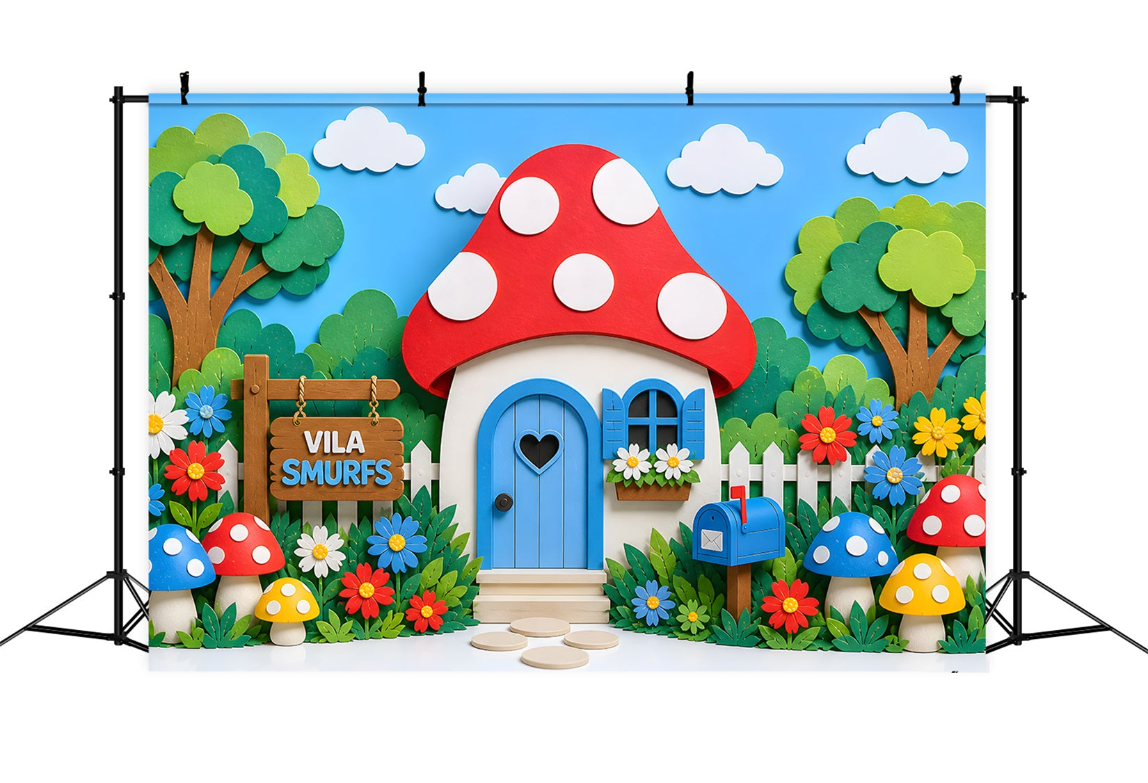 Toile de fond photo pour enfant avec maison champignon fleurs et jardin CEM65-17