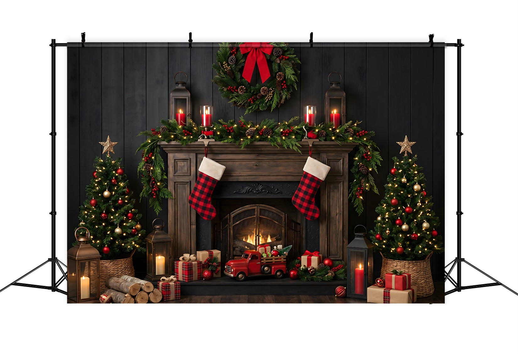 Toile de fond de Noël avec cheminée à carreaux camion et bas suspendus CEM65-170