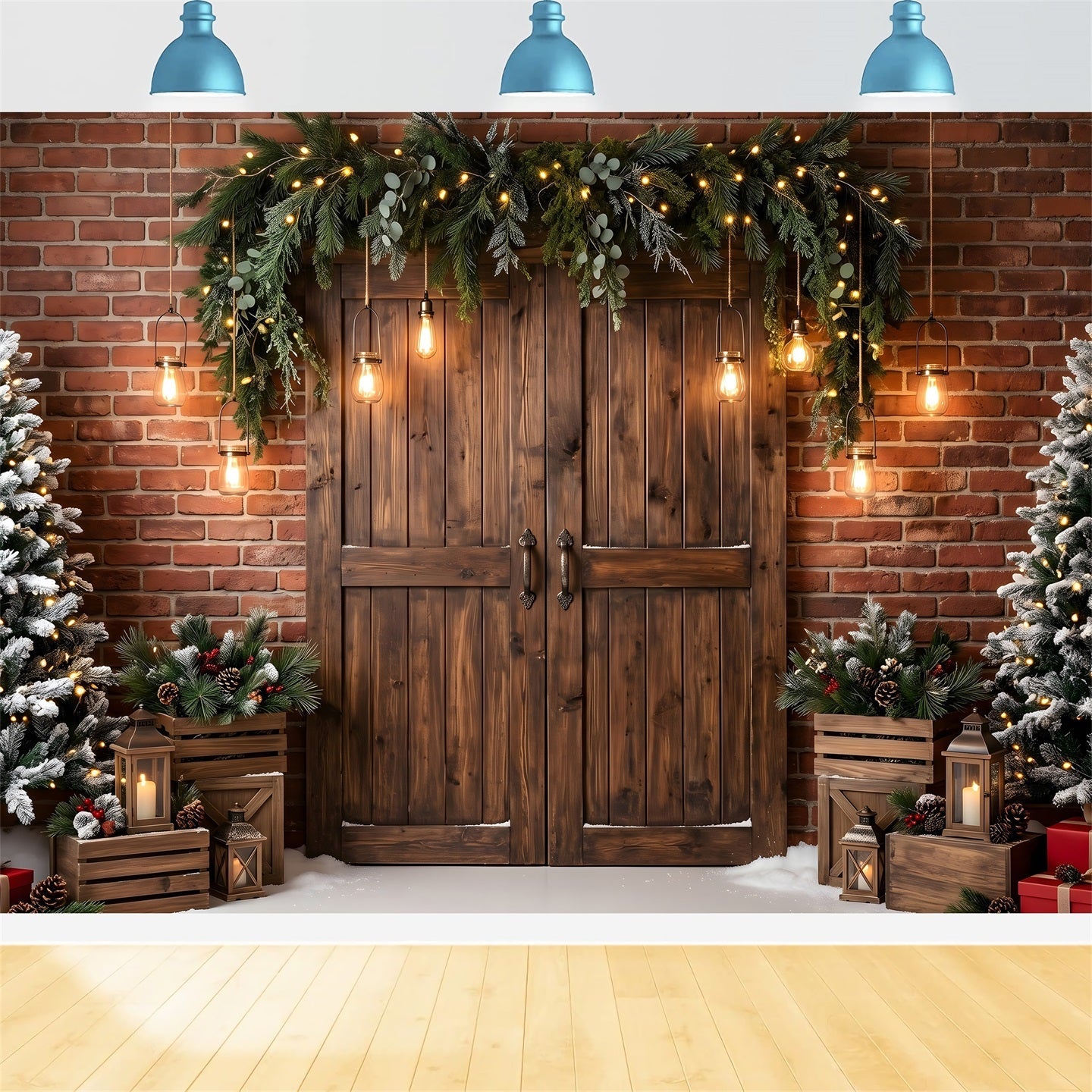 Toile de fond de Noël avec porte en briques feuillage persistant et lanternes suspendues CEM65-173