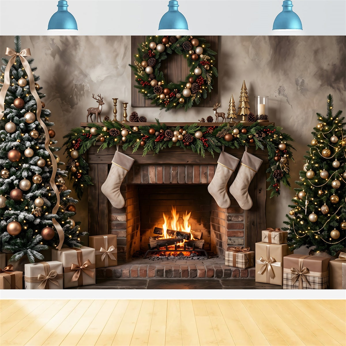 Toile de fond de Noël avec cheminée neutre bas suspendus et sapins dorés CEM65-176
