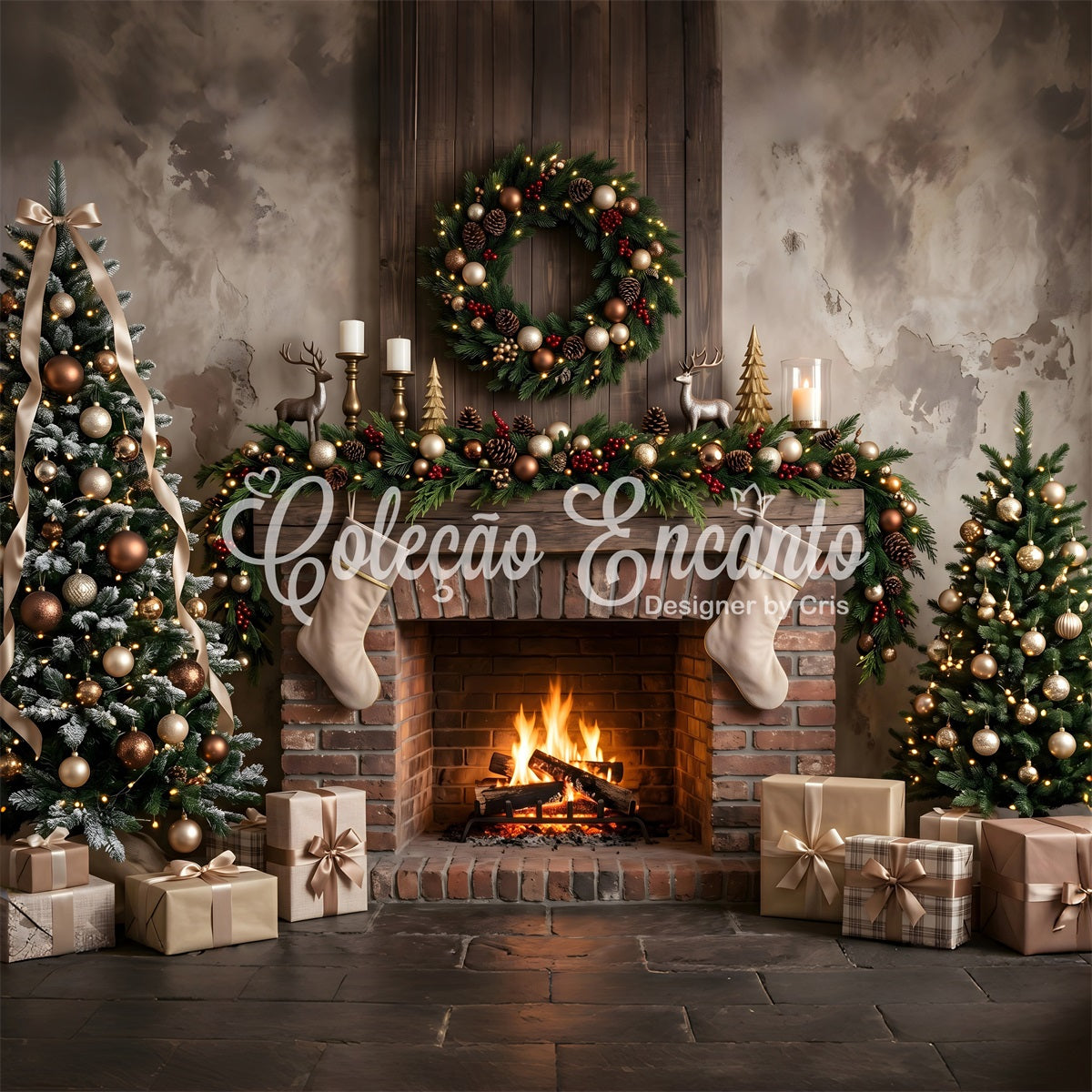 Toile de fond photo de Noël avec cheminée en briques neutres bas et sapins CEM65-177