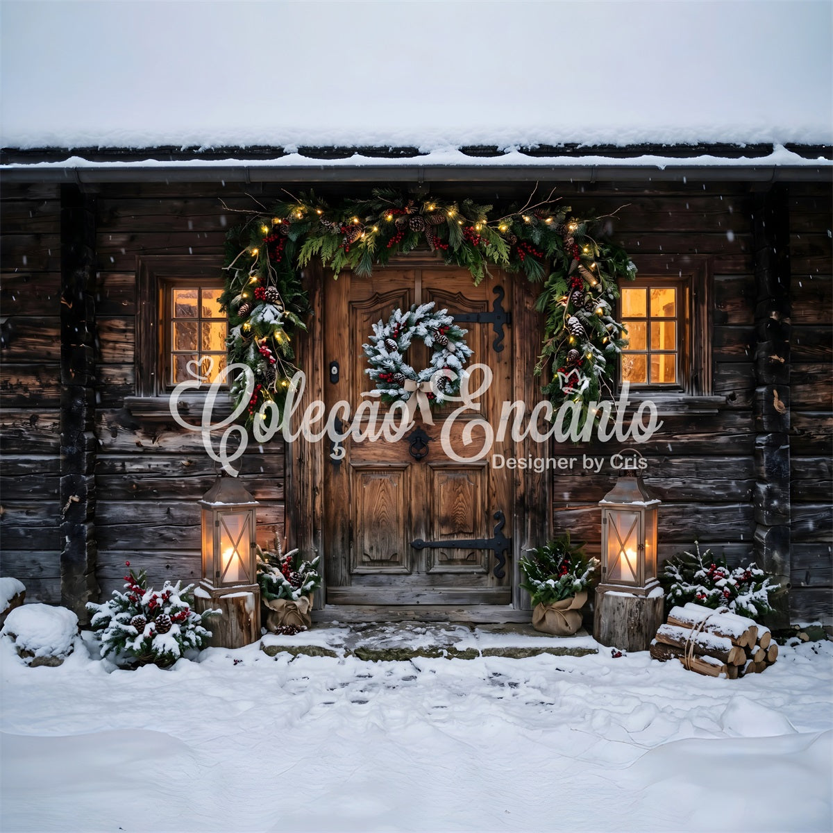Toile de fond de Noël avec porte de chalet rustique enneigé et lanternes pour studio CEM65-178