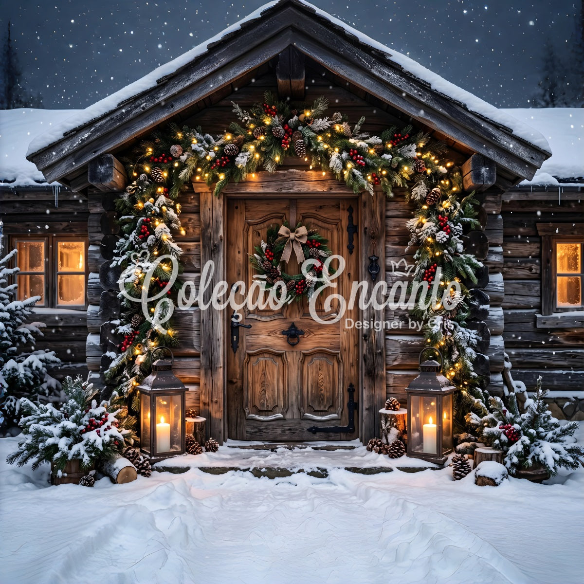 Toile de fond de village de Noël avec entrée de chalet en rondins givrée et guirlande CEM65-179