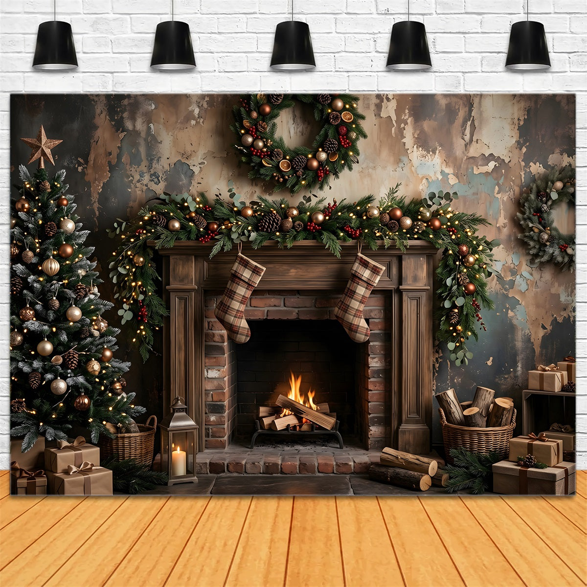 Toile de fond de Noël avec cheminée rustique sombre et bas suspendus pour photomaton CEM65-180