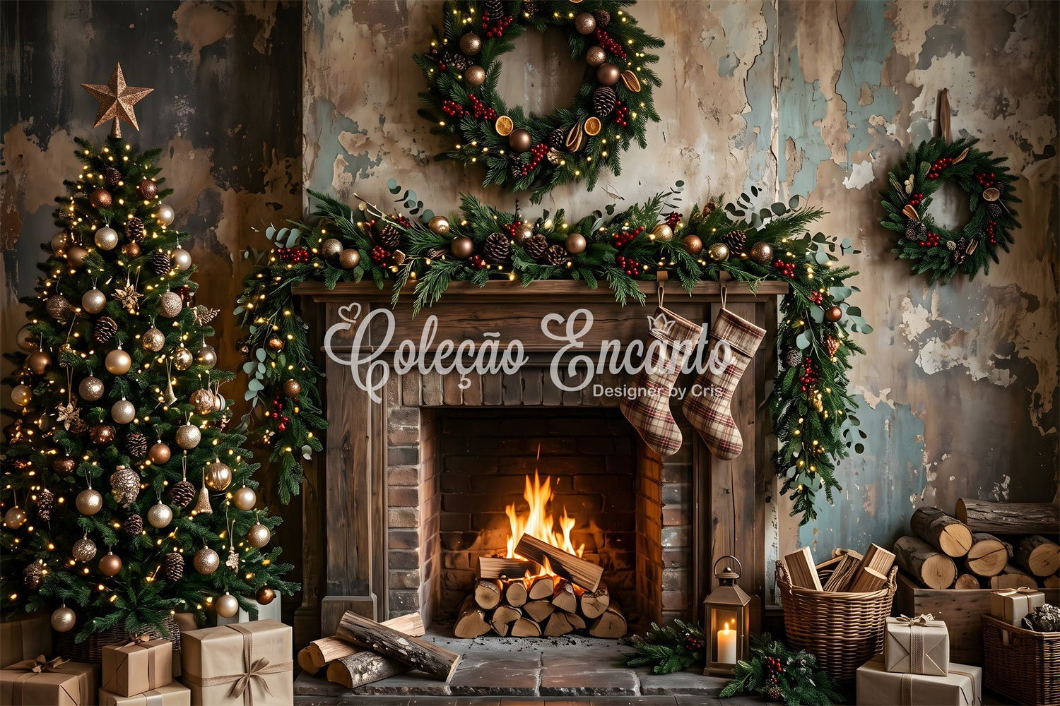 Toile de fond de Noël avec cheminée rustique patinée et bas à carreaux pour séance photo CEM65-181