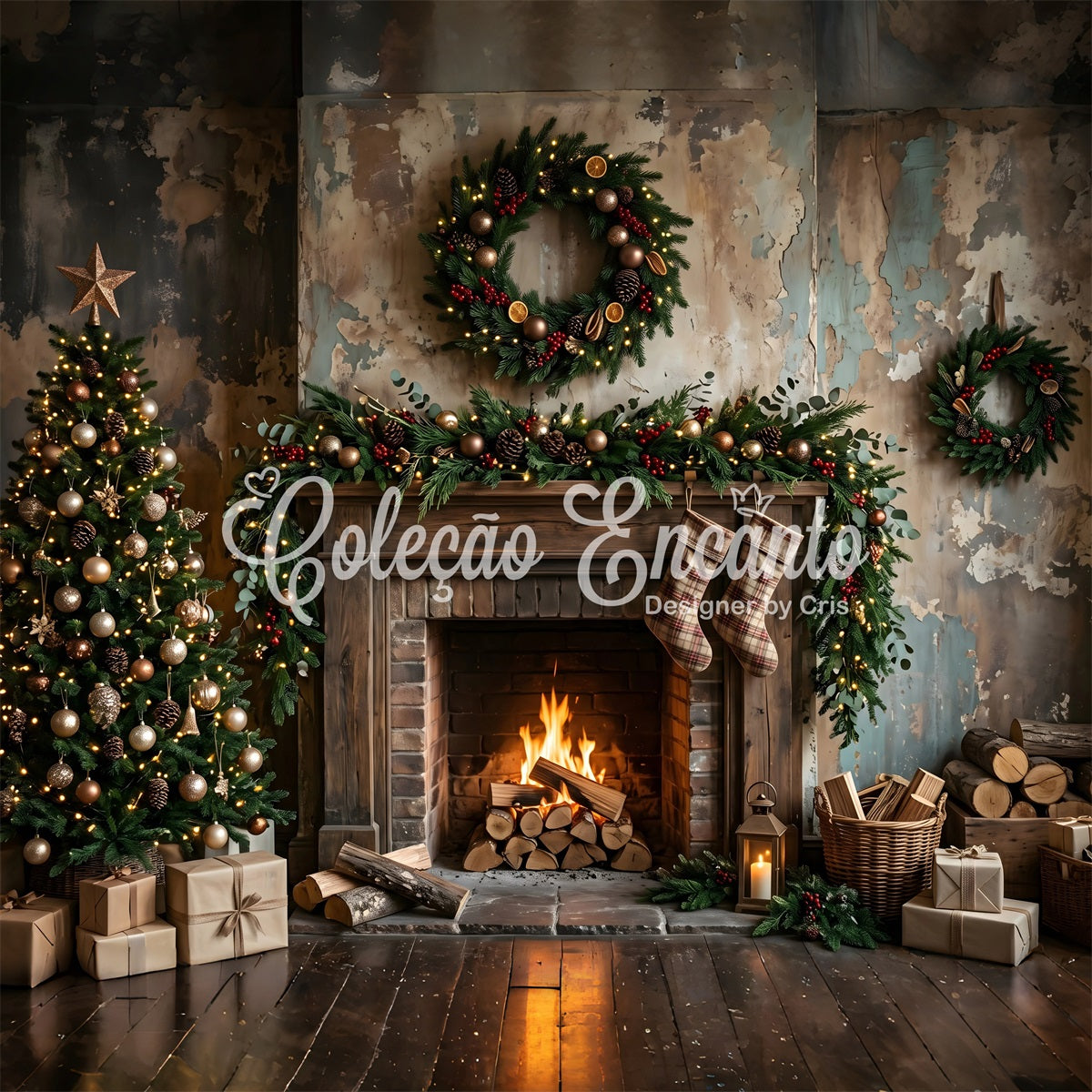 Toile de fond de Noël avec cheminée rustique patinée et bas à carreaux pour séance photo CEM65-181