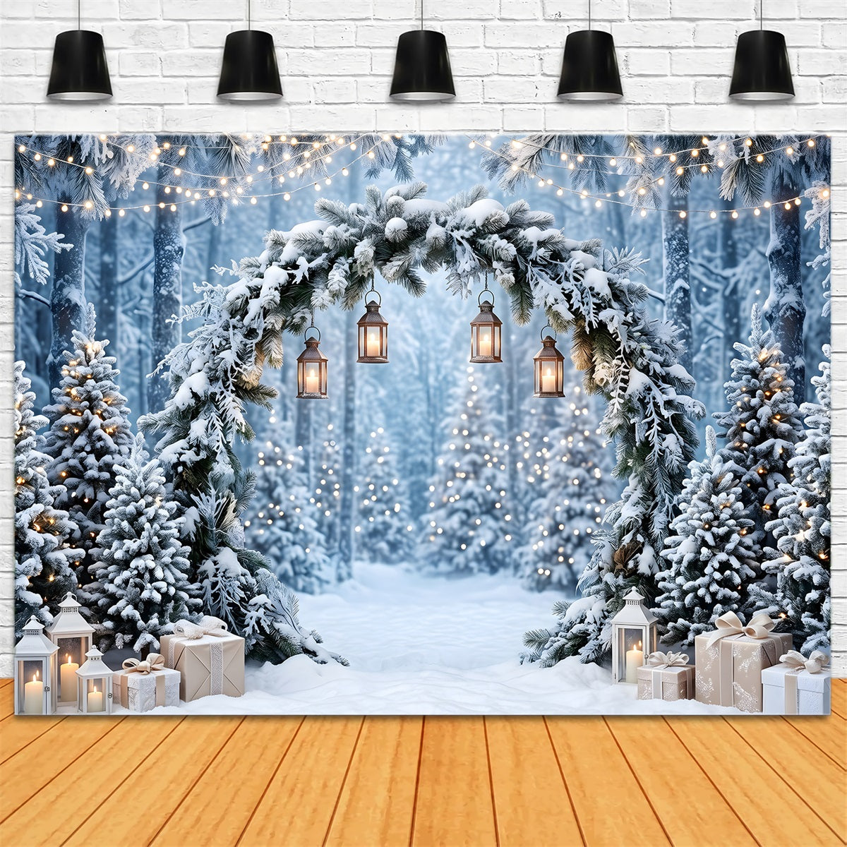 Toile de fond féerique de Noël avec arche de pins givrés et lanternes suspendues pour studio CEM65-183