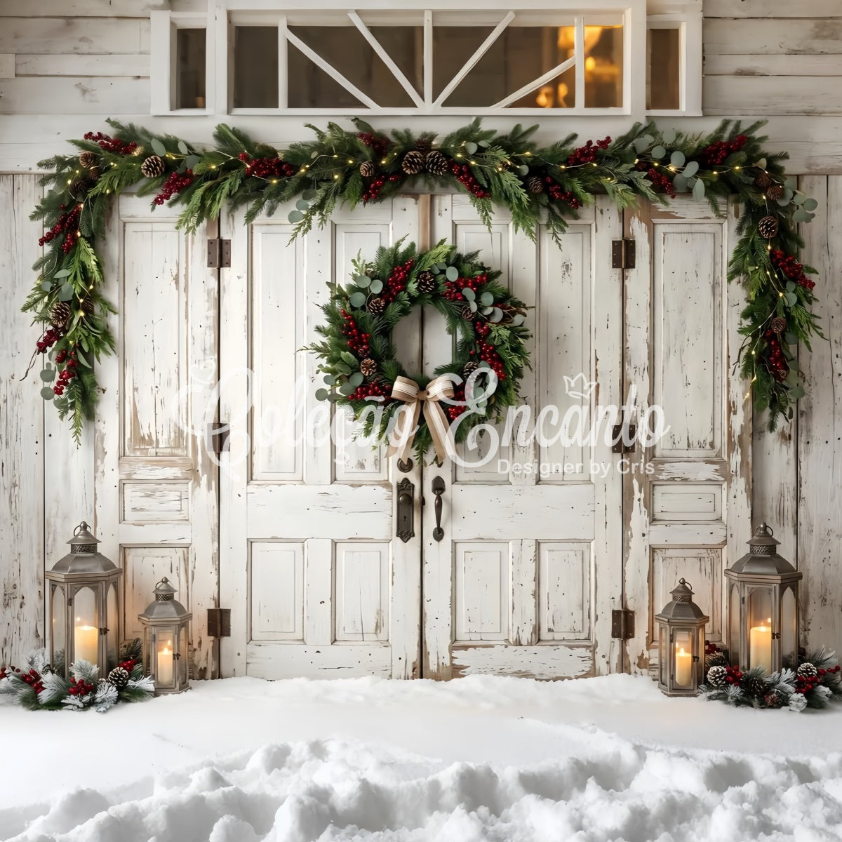 Toile de fond de Noël format 10 × 20 avec ancienne porte blanche nœud et couronne pour photomaton CEM65-187